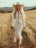 Vintage Western Cowboy Off-White Faux Denim Half-Zip Tassel Long-Sleeved Maxi Dress