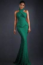 Cocoslly Halter Sleeveless High Waist Long Mermaid Prom Dress | Glod Champage Beading Pearls LR0565