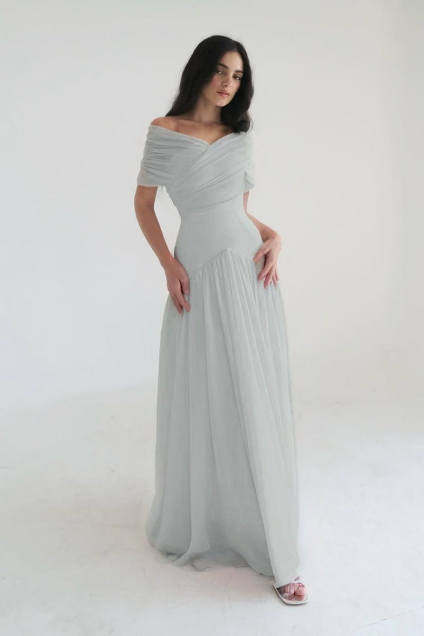 Chiffon Off the Shoulder Sleeveless Long Prom Dress With Pleated WQ0385
