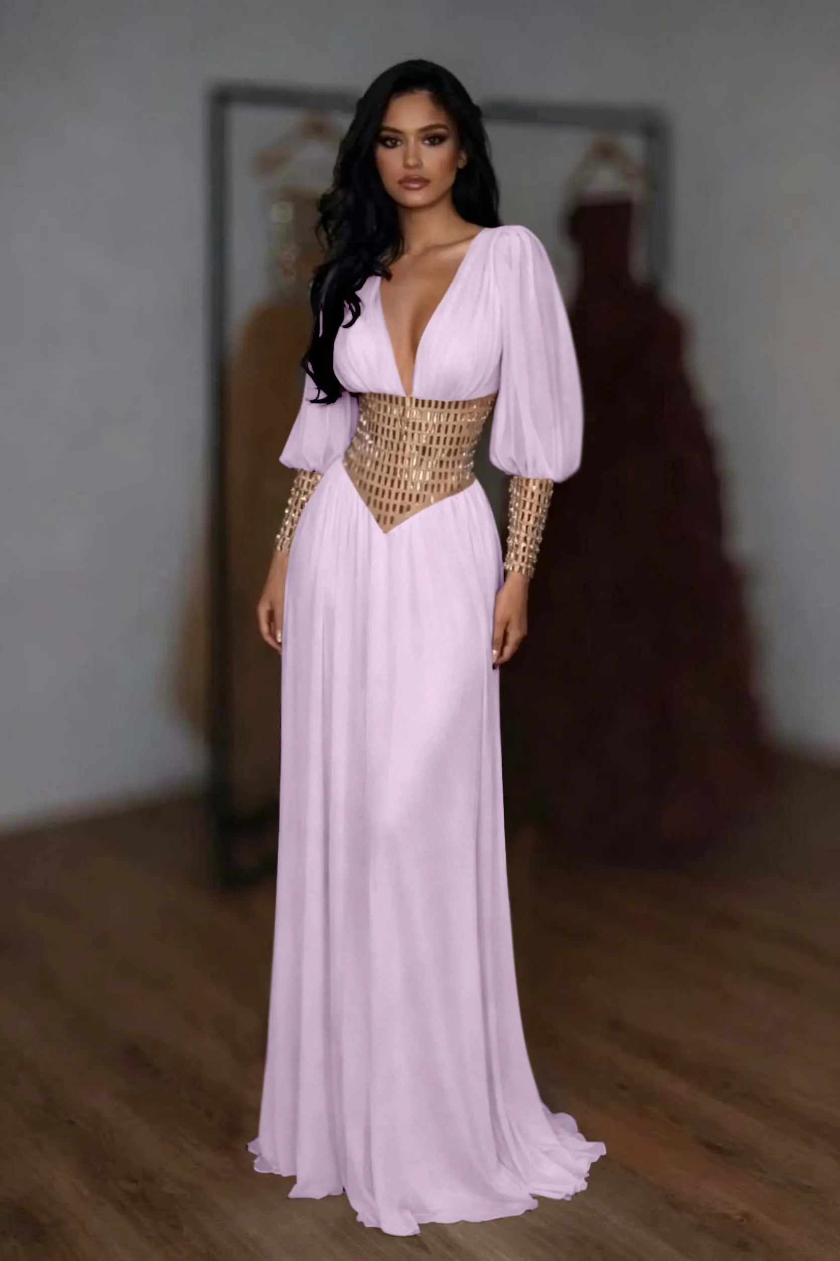 Cocoslly V-Neck Long Sleeves High Waist Long Prom Dress With Rhinstone | White Chiffon LR0373