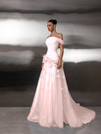 Cocoslly Off-The-Shoulder Strapless Sleeveless Long Pleated A-Line Prom Dress With Flower Appliqués | Light Blue Tulle ZA0285