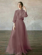 Cocoslly High Neck Long Sleeves High Waist Long Prom Dress | Blushing Pink Tulle LR0409