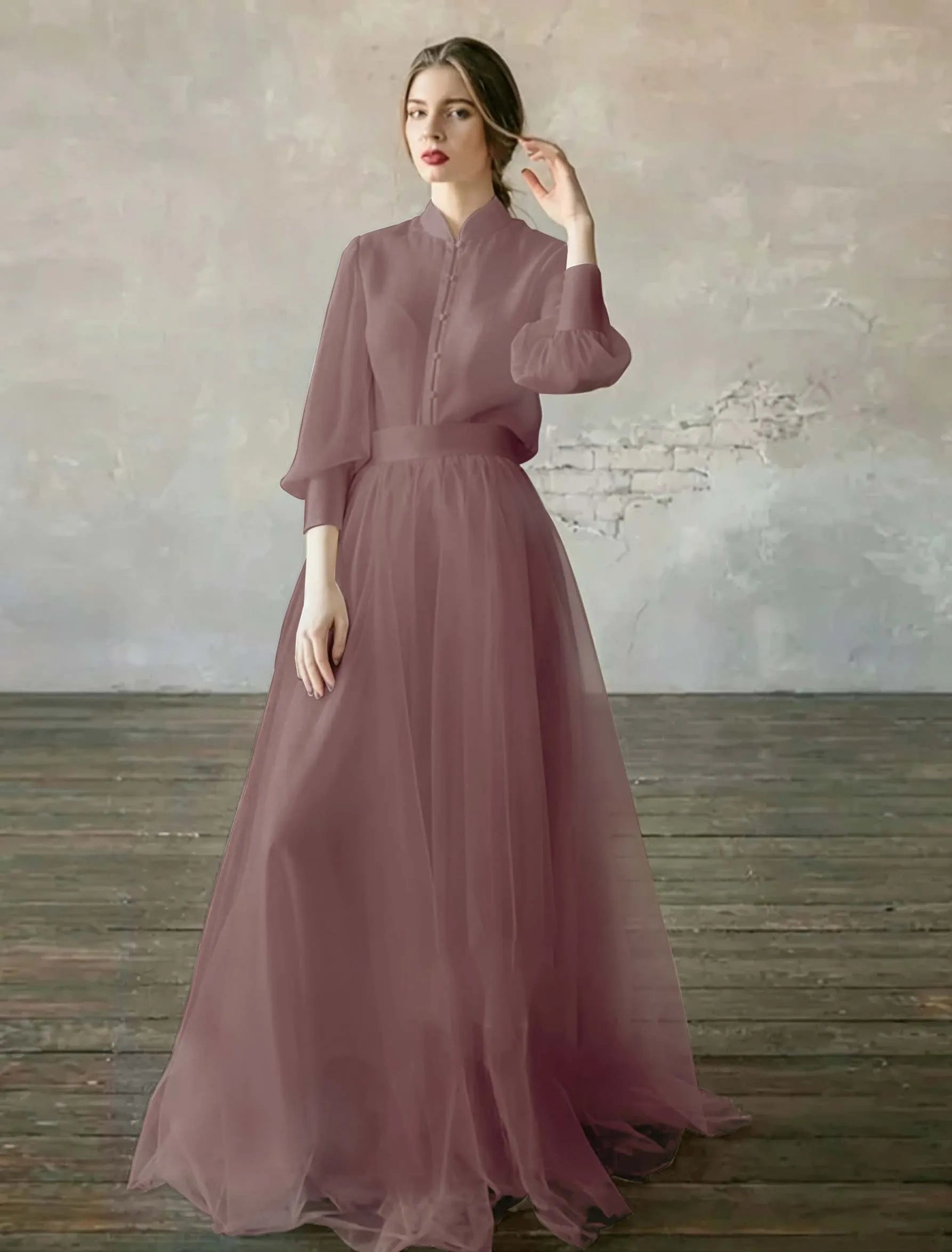 Cocoslly High Neck Long Sleeves High Waist Long Prom Dress | Blushing Pink Tulle LR0409