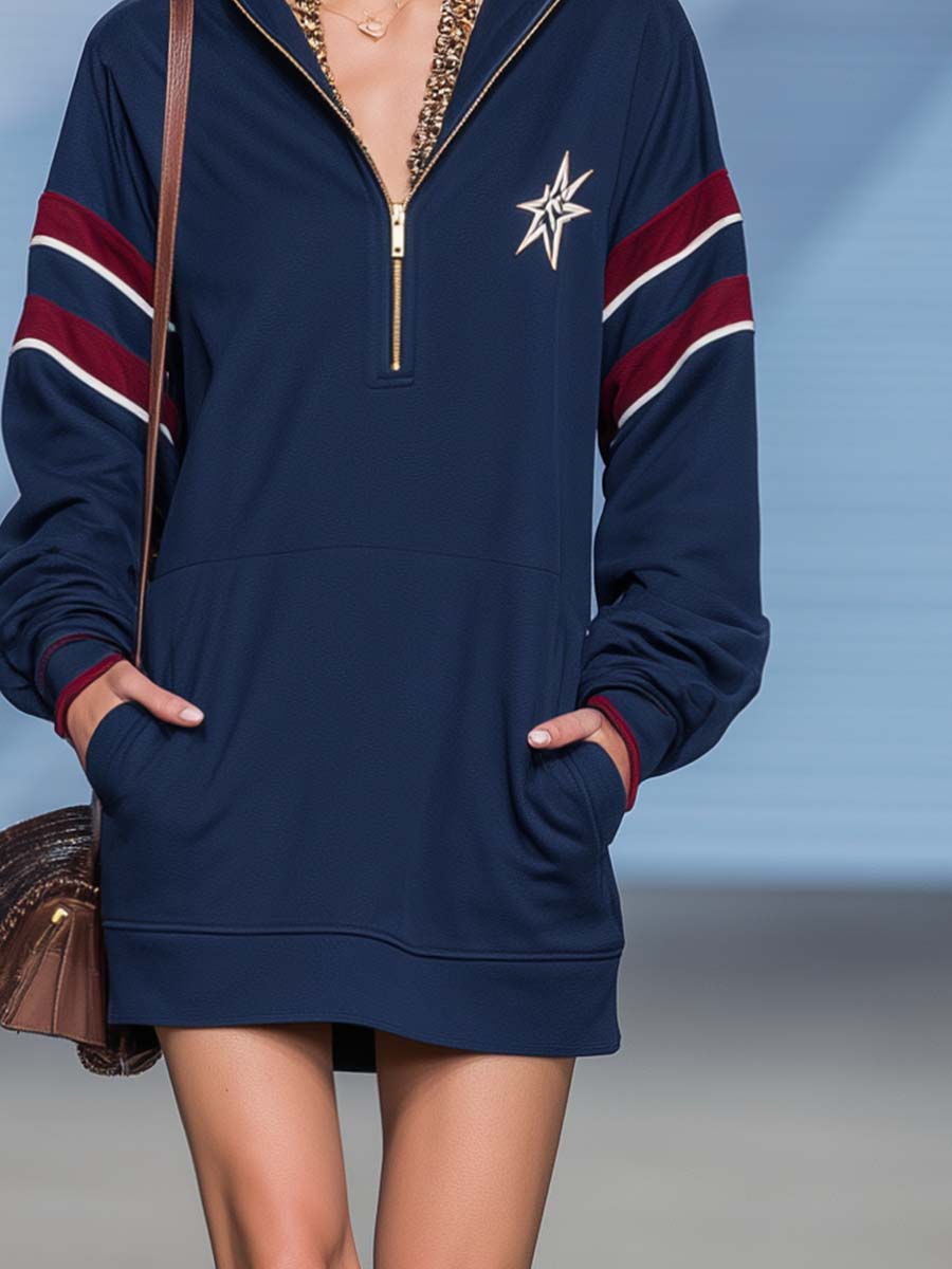 Retro Sporty Navy Star-Embroidered Hooded Half-Zip Long-Sleeve Sweatshirt Mini Dress