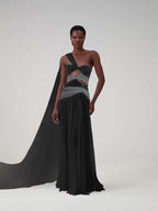 Cocoslly One Shoudler Sleeveless High Waist Long Prom Dress With Rhinstone | Ice White Chiffon YK1281