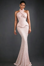 Cocoslly Halter Sleeveless High Waist Long Mermaid Prom Dress | Glod Champage Beading Pearls LR0565