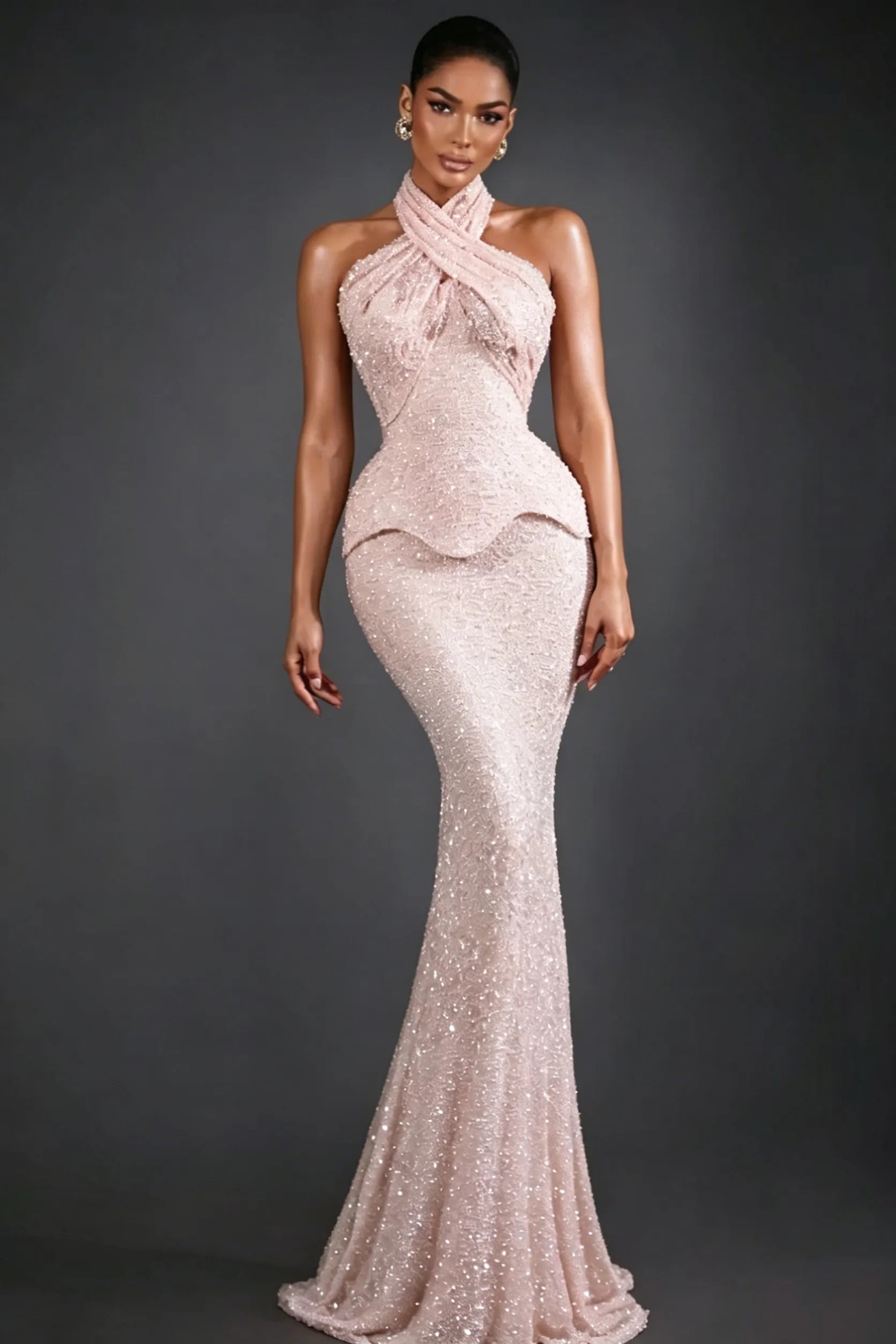 Cocoslly Halter Sleeveless High Waist Long Mermaid Prom Dress | Glod Champage Beading Pearls LR0565