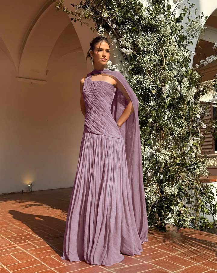Chic One Shoulder Sleeveless Long Prom Dress With Pleated Shawl WQ0343