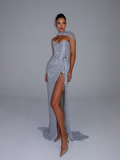 Cocoslly Strapless Sweetheart Sleeveless High Waist Long Split Prom Dress With Shawl | Silver Grey Sequins YK1275