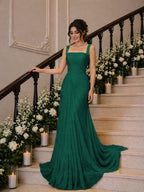 Cocoslly Wide Straps Square Neck Sleeveless High Waist Long Prom Dress With Pleated | Daffodil Chiffon YK1259