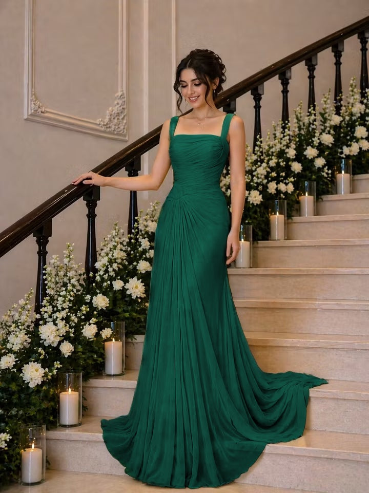 Cocoslly Wide Straps Square Neck Sleeveless High Waist Long Prom Dress With Pleated | Daffodil Chiffon YK1259