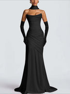 Strapless Sleeveless Long Pleated Mermaid Prom Dress With Ruffles And Gloves YK0718