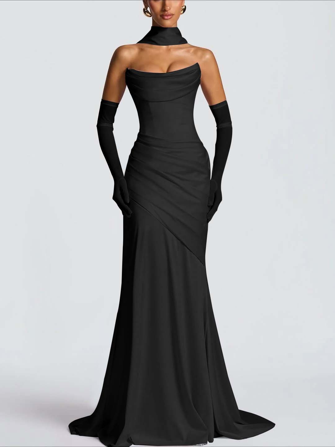 Strapless Sleeveless Long Pleated Mermaid Prom Dress With Ruffles And Gloves YK0718