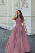 Cocoslly Simple Strapless Sleeveless Long A-line Prom Dress | Fuchsia Satin ZT0713