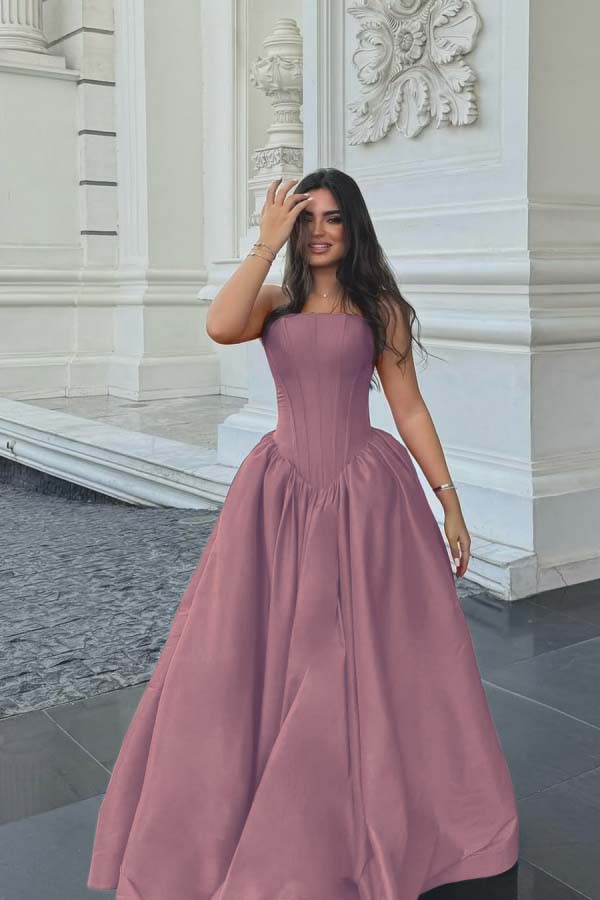 Cocoslly Simple Strapless Sleeveless Long A-line Prom Dress | Fuchsia Satin ZT0713