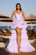 Cocoslly Strapless Sleeveless High Waist Long A Line Prom Dress With Ruffles | Champage Glod Satin YC0487