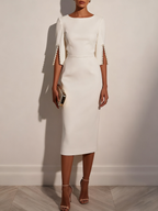 White Faux Pearl Classic Crew Neck Half Sleeve Sheath Midi Dress
