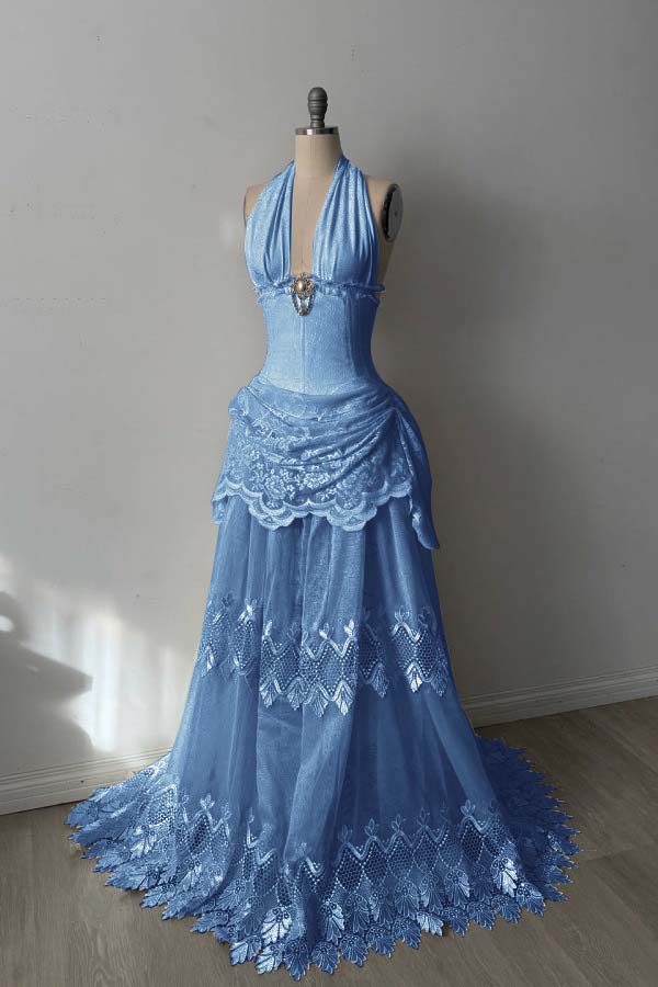 Lace And Tulle Halter Neck Strapless Sleeveless Long Mermaid Prom Dress With Pleated WQ0665