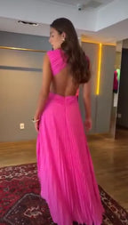 Cocoslly Sleeveless High Waist Backless Long Prom Dress With Pleated | Fuchsia Chiffon CO0166