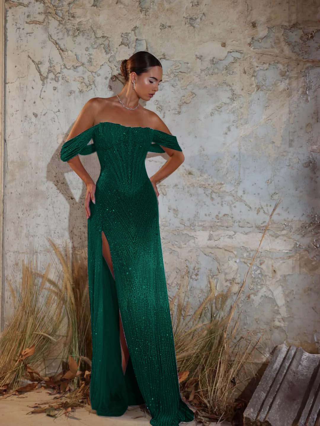 Off-The-Shoulder Strapless Sleeveless Long Mermaid Prom Dress With Sequins And High Split YK0711