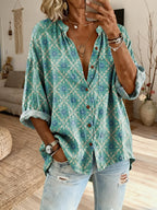 Women's Retro Plaid Art Print Casual Stand Collar Cotton Linen Shirt
