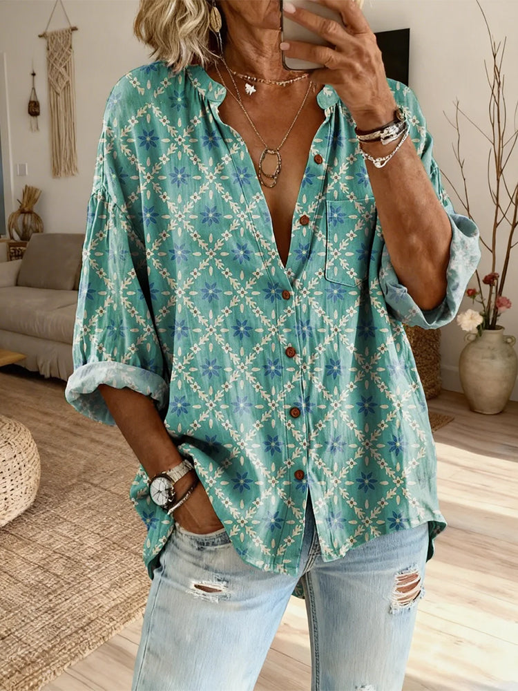 Women's Retro Plaid Art Print Casual Stand Collar Cotton Linen Shirt