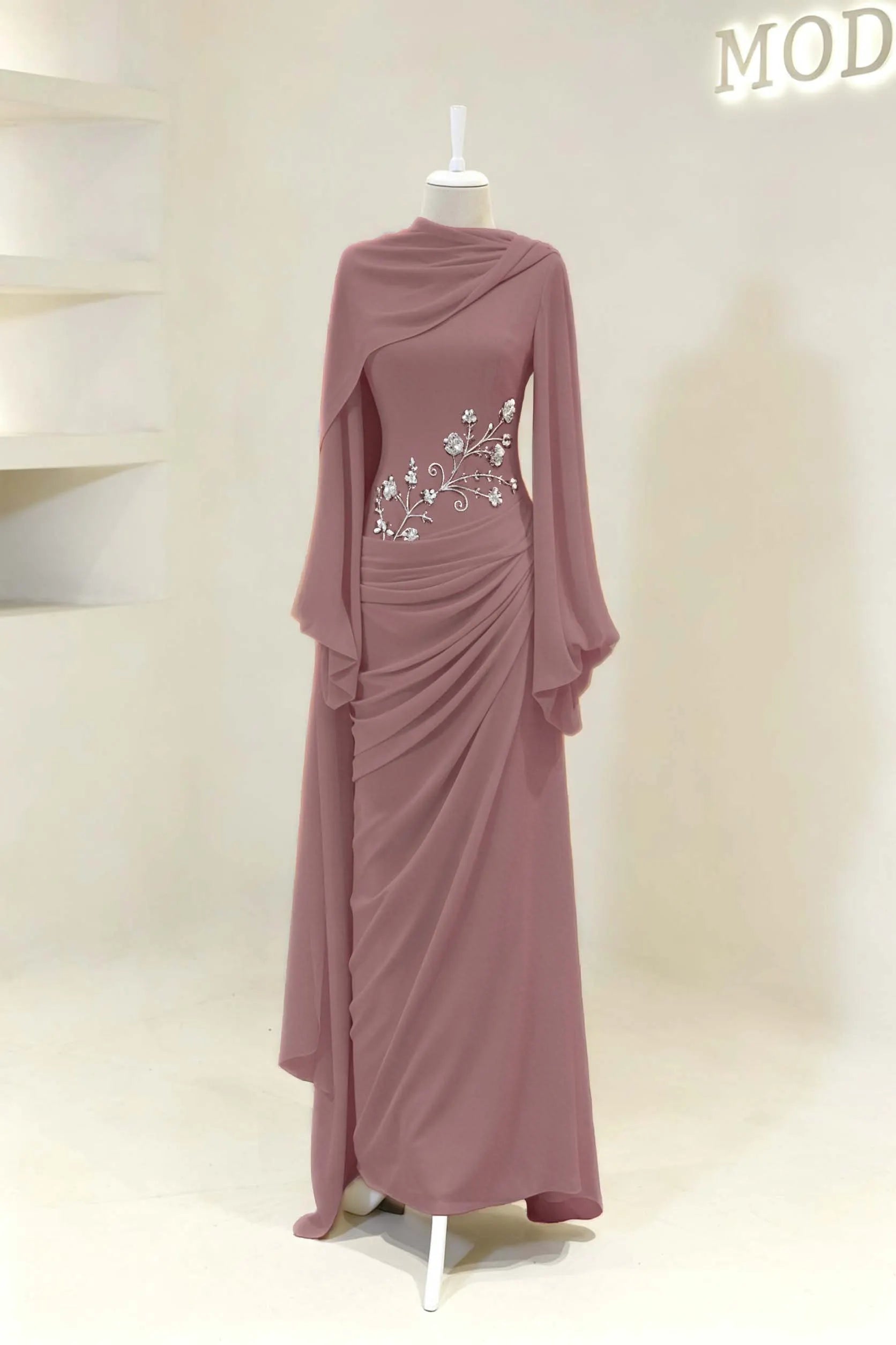 Cocoslly Long Sleeves High Waist Long Prom Dress With Pleated And Beading Pearls | Cabemet Chiffon ZA0710