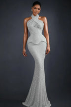 Cocoslly Halter Sleeveless High Waist Long Mermaid Prom Dress | Glod Champage Beading Pearls LR0565