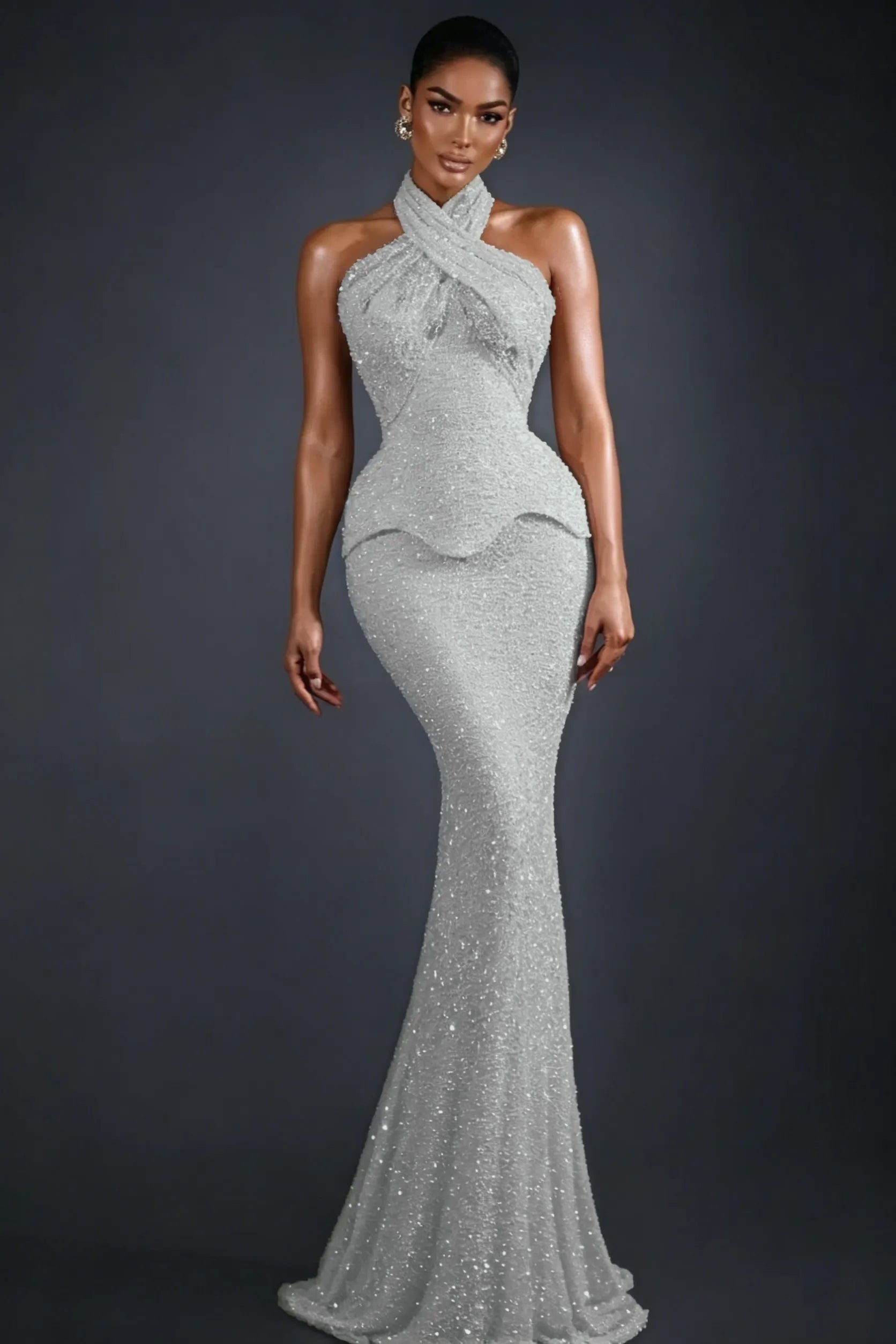 Cocoslly Halter Sleeveless High Waist Long Mermaid Prom Dress | Glod Champage Beading Pearls LR0565