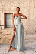 Cocoslly Strapless Sleeveless High Waist Long Prom Dress With Deep Split And Pleated | Pink Chiffon YC0472