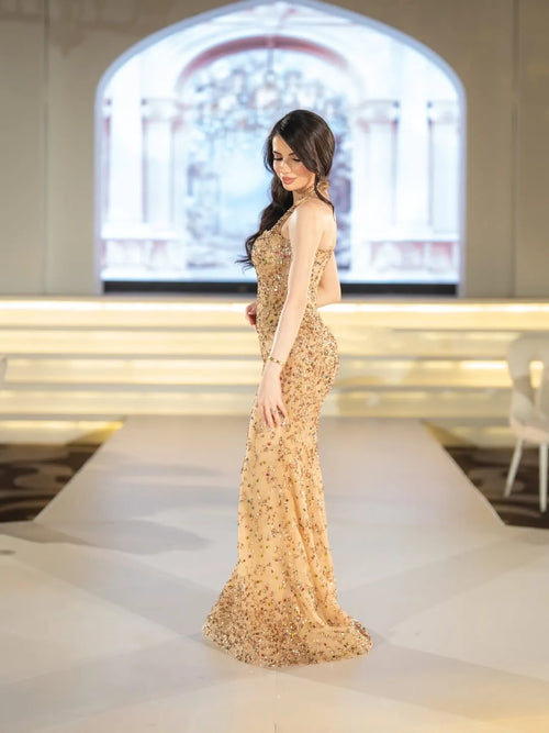 Cocoslly Halter Sleeveless Long Prom Dress With Rhinstone | Champage Chiffon CO0085