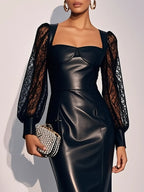 Black Lace Faux Leather Square Neck Long Sleeve Balloon Sleeve Sheath Midi Dress
