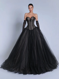Tulle Sweetheart Strapless Sleeveless Long A-Line Prom Dress With Bow And Gloves YK0721