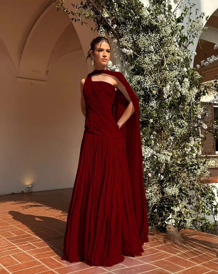 Chic One Shoulder Sleeveless Long Prom Dress With Pleated Shawl WQ0343