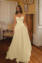 Cocoslly Sweetheart Strapless Sleeveless High-Waisted Long A-Line Pleated Prom Dress | Ivory Chiffon ZA0311