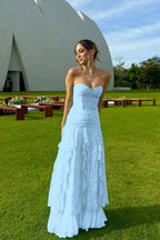 Cocoslly Strapless Sweetheart Sleeveless High Waist Long Prom Dress With Ruffles | Mint Green Chiffon YC0477
