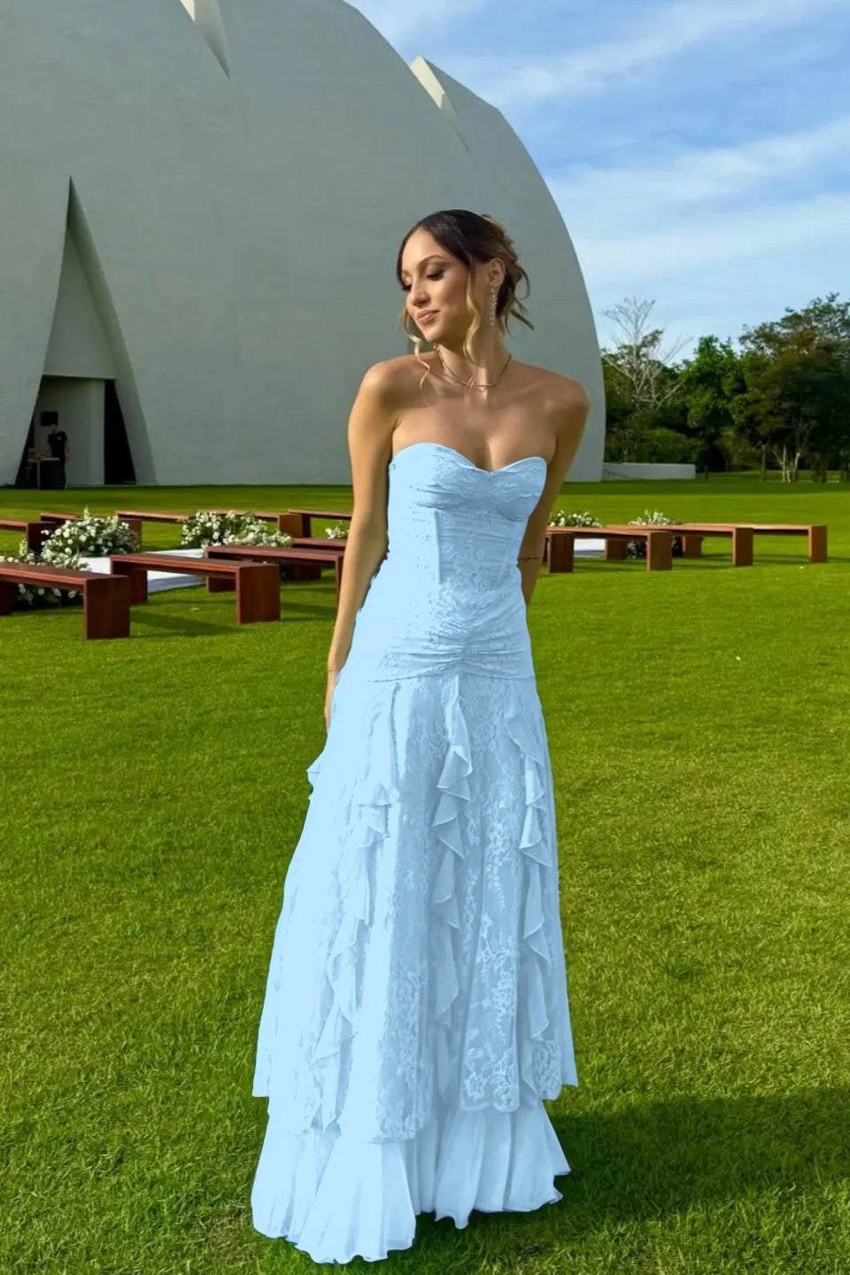 Cocoslly Strapless Sweetheart Sleeveless High Waist Long Prom Dress With Ruffles | Mint Green Chiffon YC0477