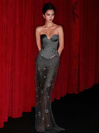 Cocoslly Strapless Sleeveless High Waist Long Mermaid Prom Dress With Rhinstone | Blushing Pink Satin And Tulle YK0943