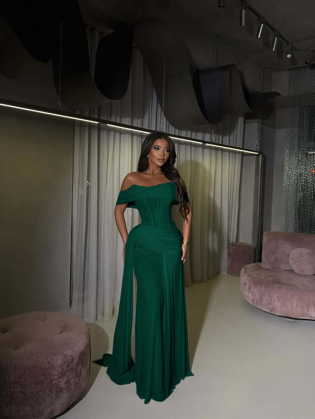 Tulle Off-The-Shoulder Strapless Sleeveless Long Mermaid Prom Dress With Pleated And Train YK0619