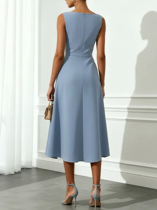 Blue Devore Classic Boat Neck Sleeveless A-Line Midi Dress