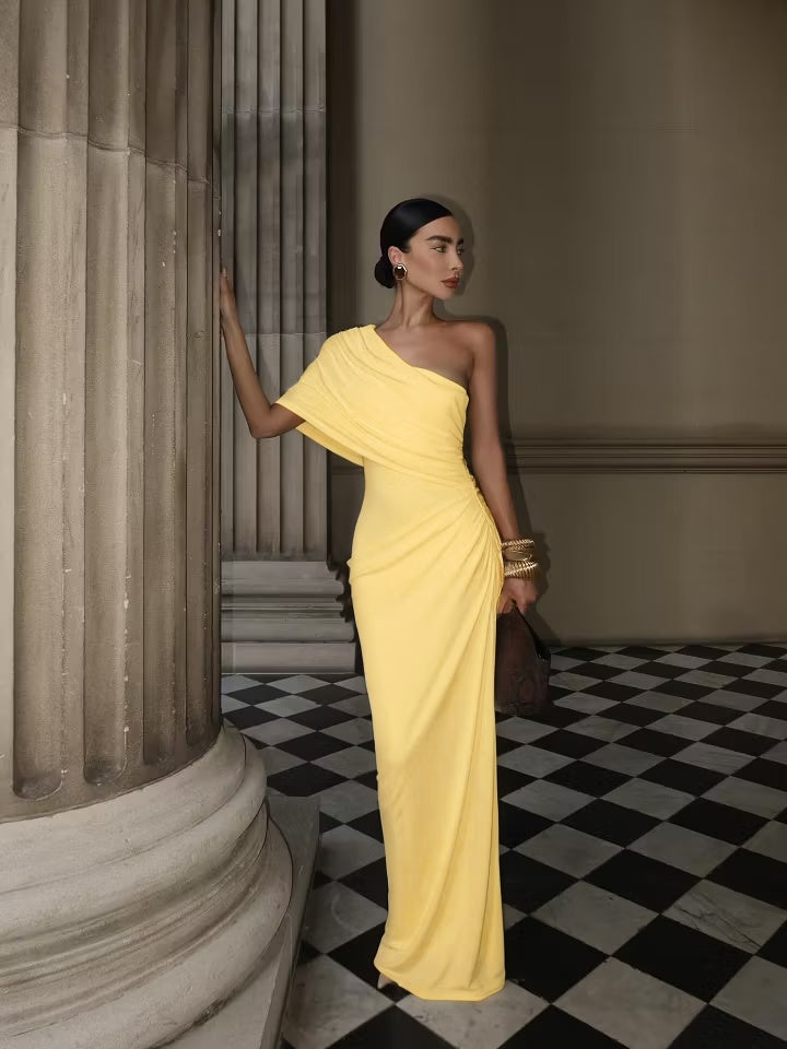Cocoslly One Shoulder Sleeveless High Waist Long Mermaid Prom Dress With Pleated | White Satin YK1192