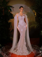 Tulle Halter V-Neck Off-The-Shoulder Sleeveless Long Mermaid Prom Dress With Flowers And Beadings YK0774