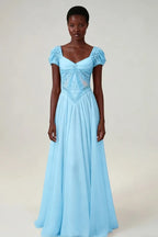 Cocoslly Short Sleeves High Waist Long Prom Dress With Rhinstone | Blushing Pink Chiffon LR0376