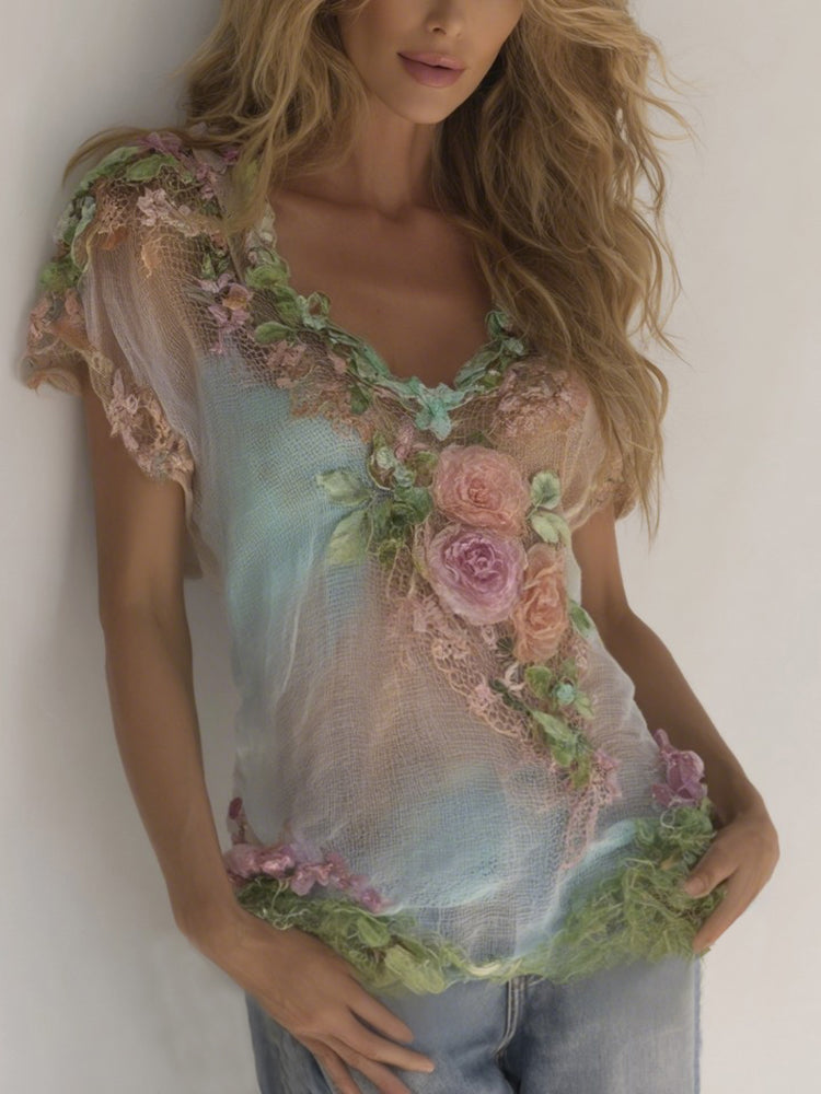 Women's Boho Spring With Floral Gradient Art Flowy Linen Blend Short Sleeve Tops