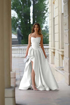 Pink Strapless Sleeveless A Line Long Split Prom Dress With Pleated ED0263