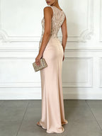 Purplish Blue Embroidery Satin Crew Neck Sleeveless Sheath Gown Dress