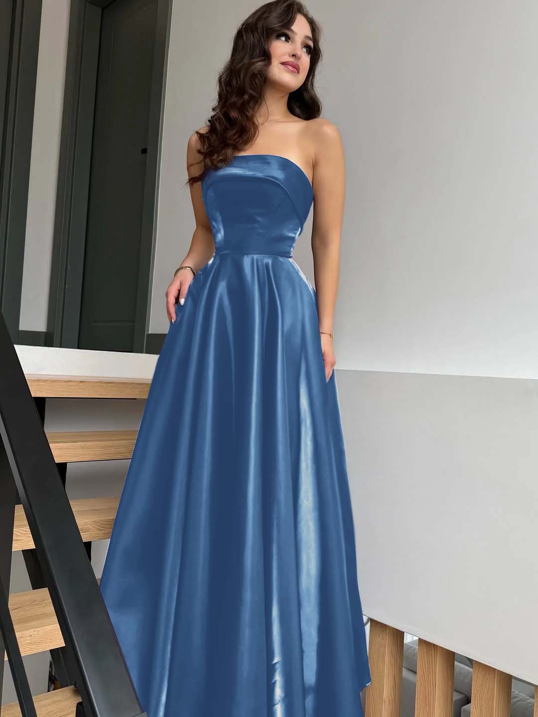 Satin Strapless Sleeveless High-Waisted Long A-Line Prom Dress With Pleated YK0638