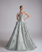 Satin Strapless Sleeveless Long A-Line Prom Dress With Flower Appliqués And Beadings YK0682