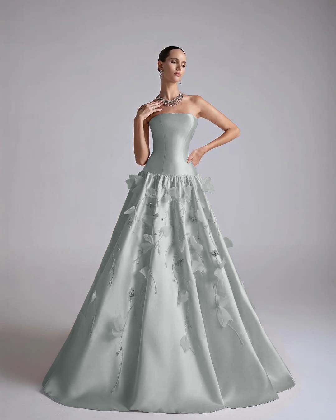 Satin Strapless Sleeveless Long A-Line Prom Dress With Flower Appliqués And Beadings YK0682