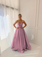 Satin V-Neck Strapless Sleeveless Long A-Line Prom Dress With Pleated And Rhinstone YK0706